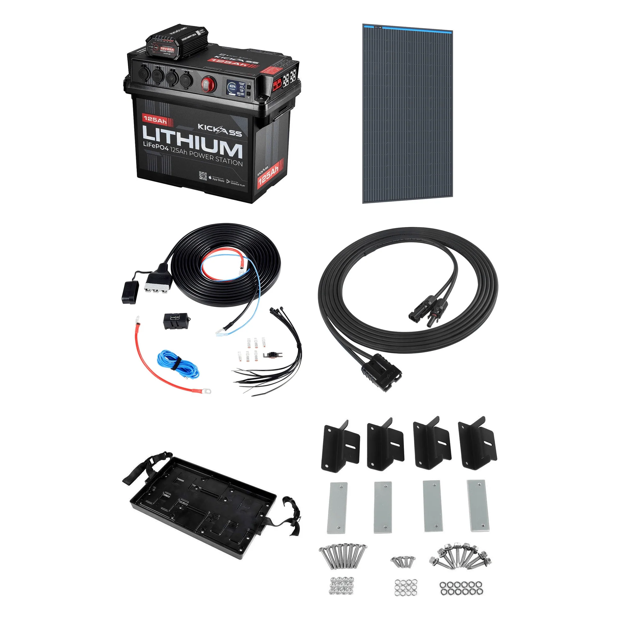 KickAss Smart 125Ah Lithium Battery Box Power Station Bundle with 170W Fixed Solar Panel, Wiring Kit & Tray
